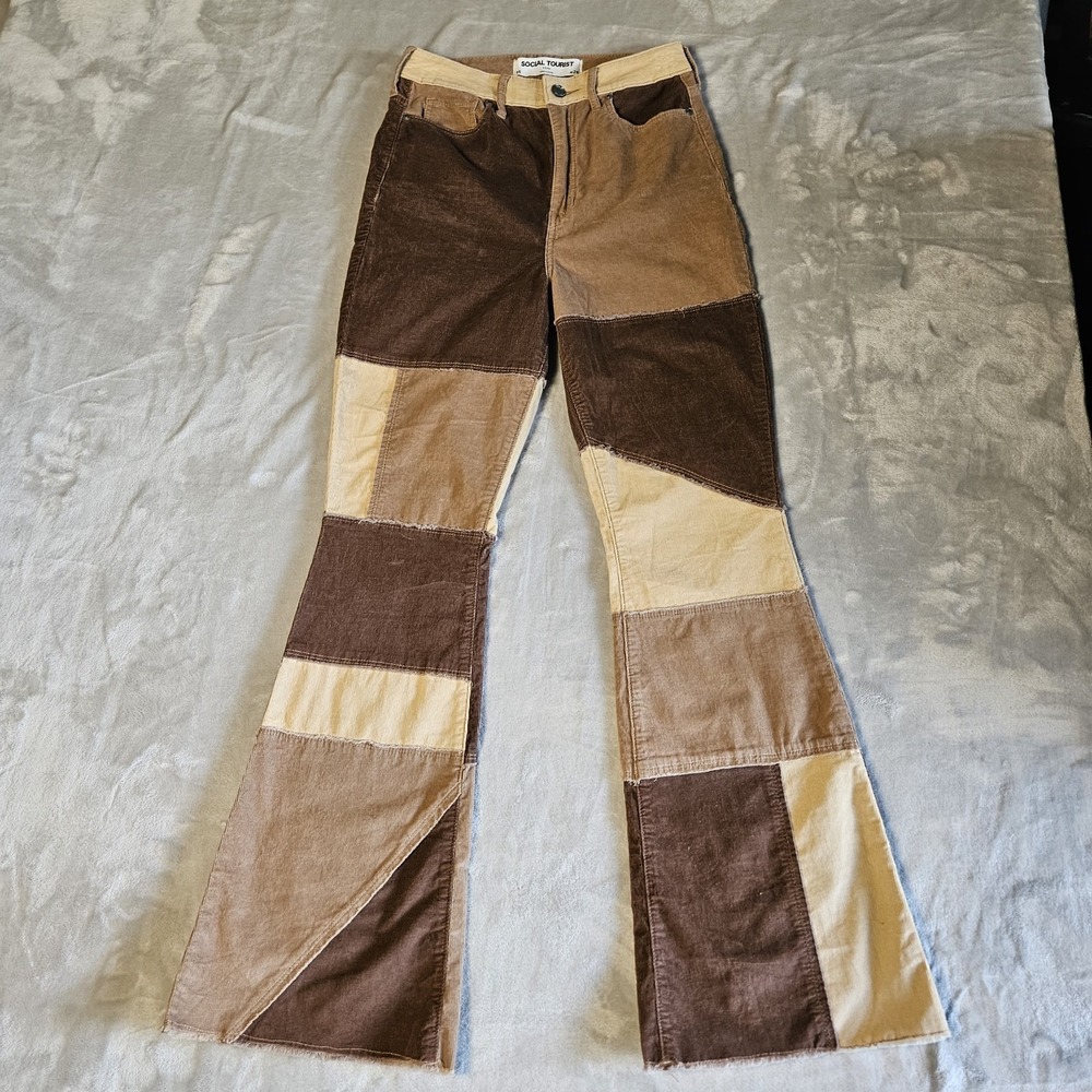 Social Tourist Brown Patchwork Flared Women's Corduroy Pants Size 3S Retro